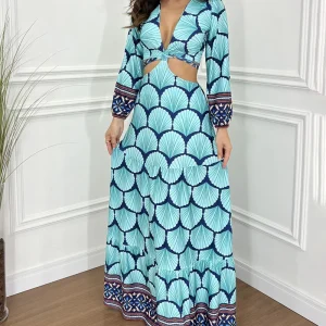 Robe Longue Bleu Turquoise | Viscose | Motif Graphique & Dos Ouvert