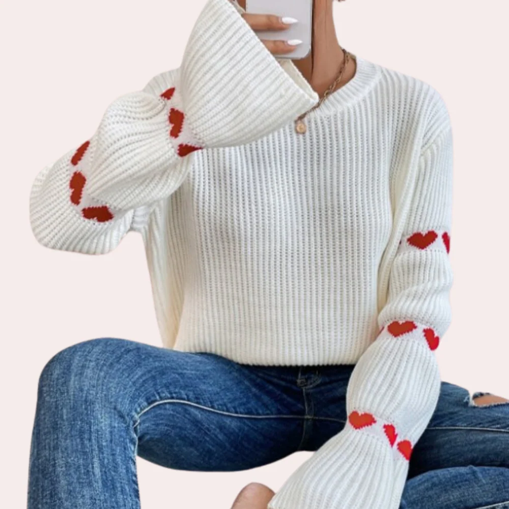 White Sweater with Red Hearts | Cotton | Soft, Oversized and Fancy