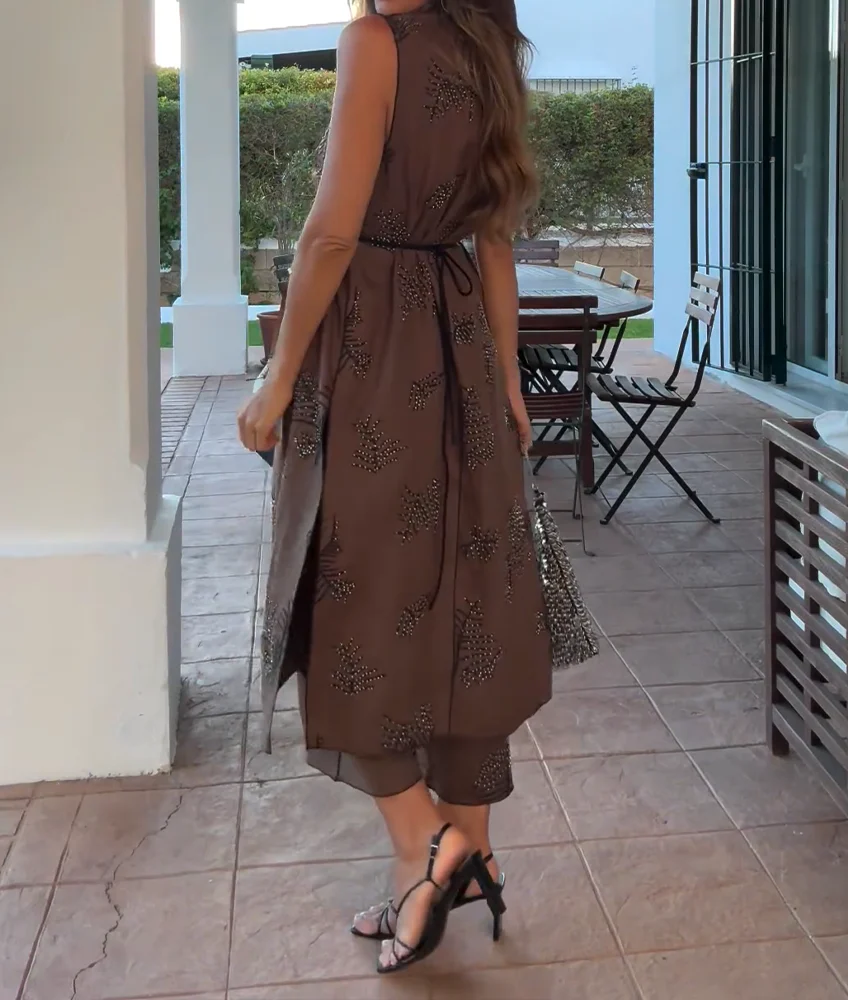 Ensemble Brodé Chic | Gilet Long & Pantalon | Élégant & Original – Image 3