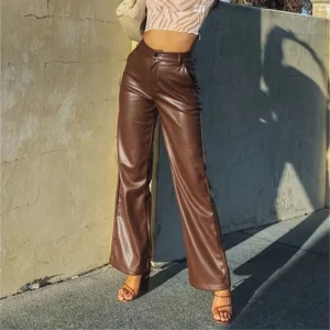 Elongated Leather Effect Pants | High Waist and Wide Leg