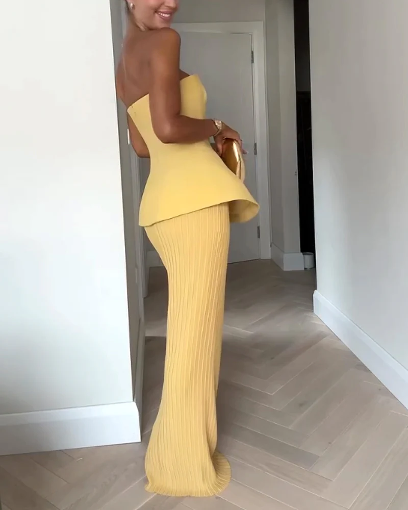 Structured Bustier Top & Pleated Long Skirt | Viscose | Elegant Sunshine and Sculpted Silhouette – Image 3