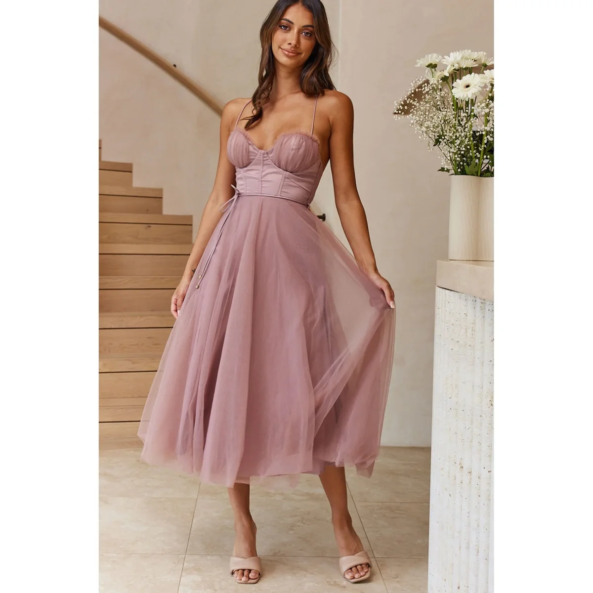 Douce Romance | Tulle Midi Dress with Straps and Corset – Image 2