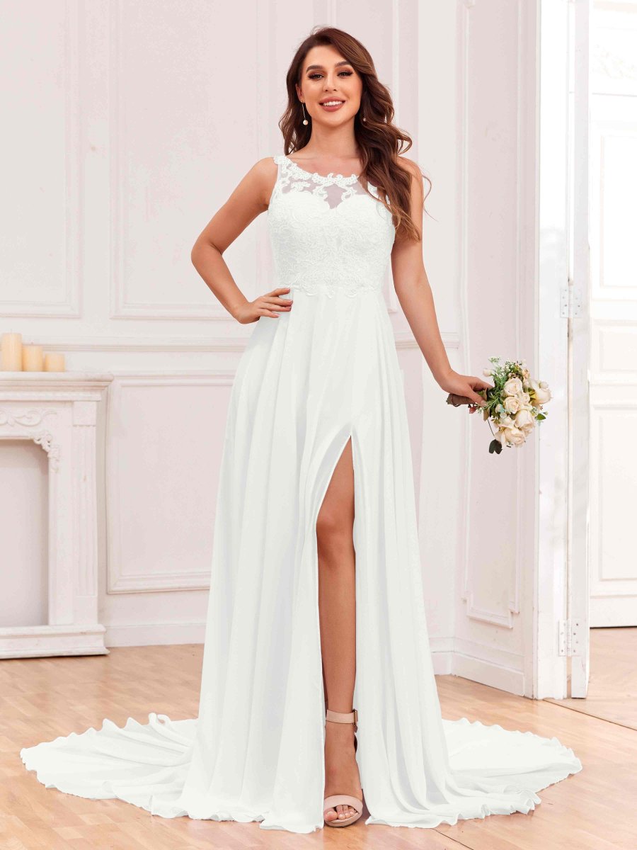 Robe De Mariée En Mousseline Fente À Jambe Avec Appliques Illusion Athena