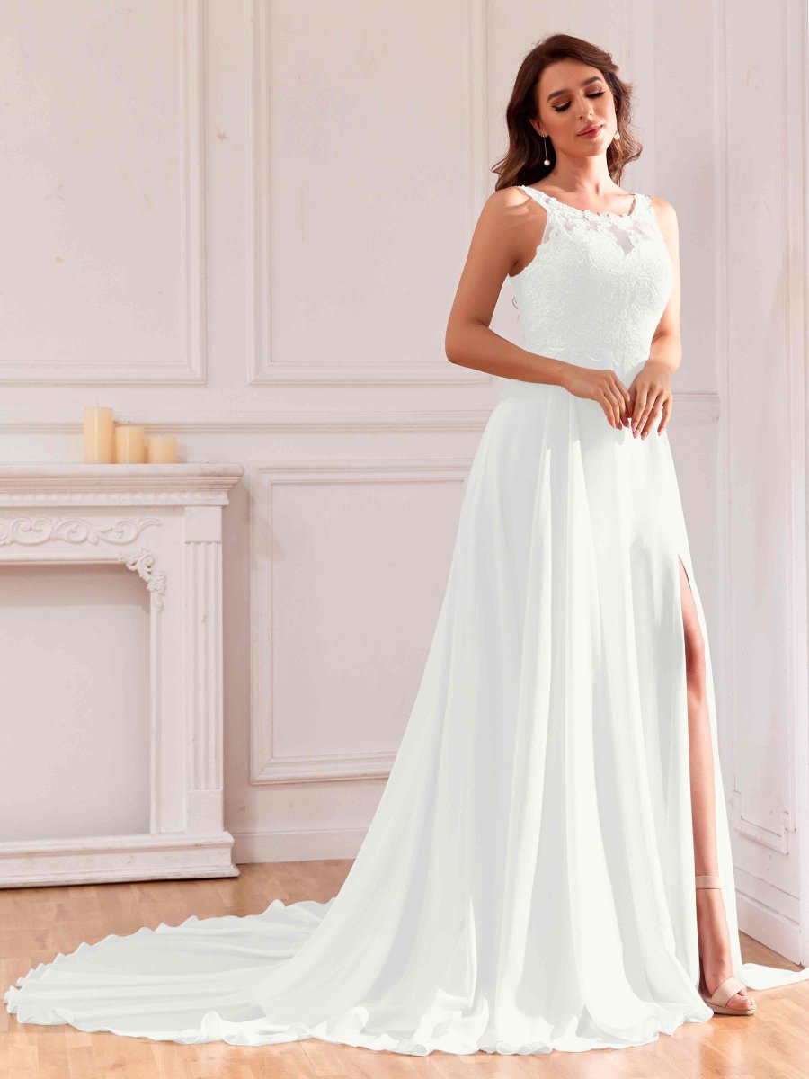 Robe De Mariée En Mousseline Fente À Jambe Avec Appliques Illusion Athena – Image 3