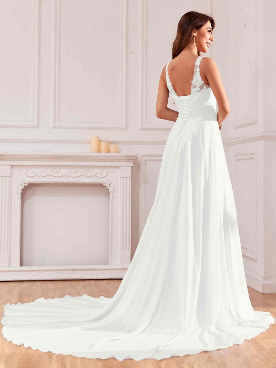 Robe De Mariée En Mousseline Fente À Jambe Avec Appliques Illusion Athena – Image 4