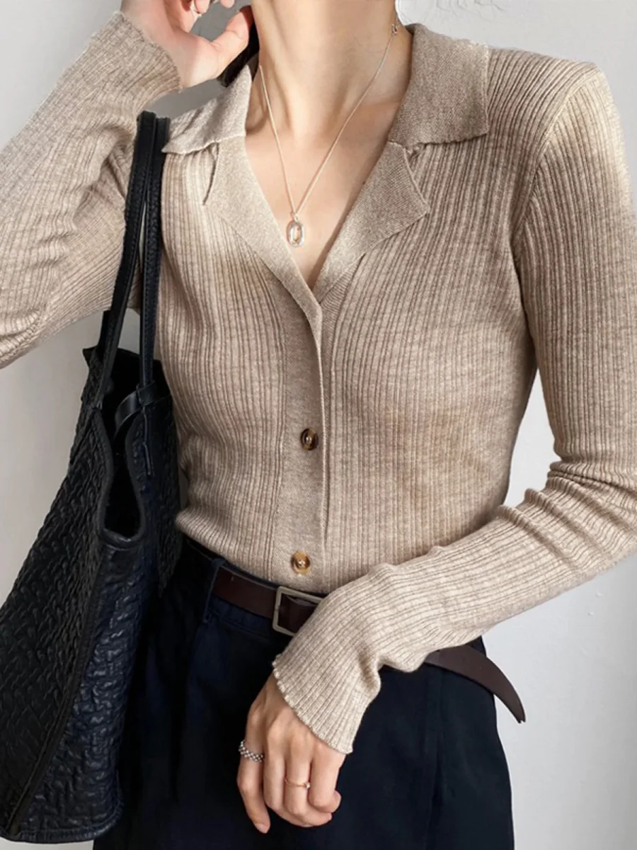 Beige Ribbed Cardigan | Shirt Collar | Elegant & Versatile