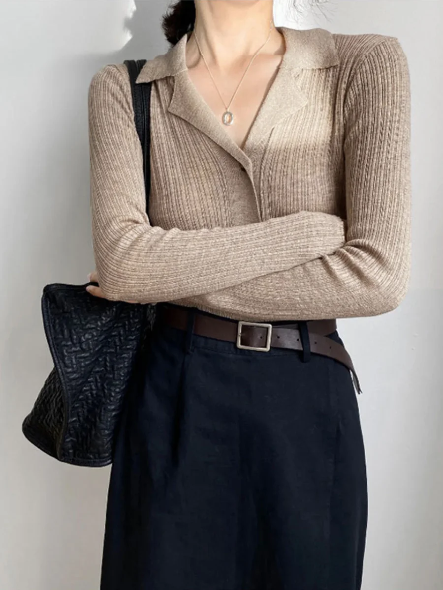 Beige Ribbed Cardigan | Shirt Collar | Elegant & Versatile – Image 5