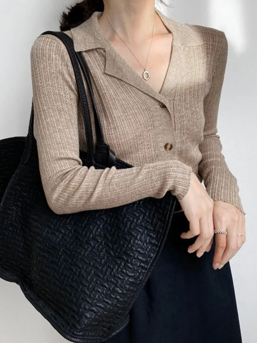 Beige Ribbed Cardigan | Shirt Collar | Elegant & Versatile – Image 6