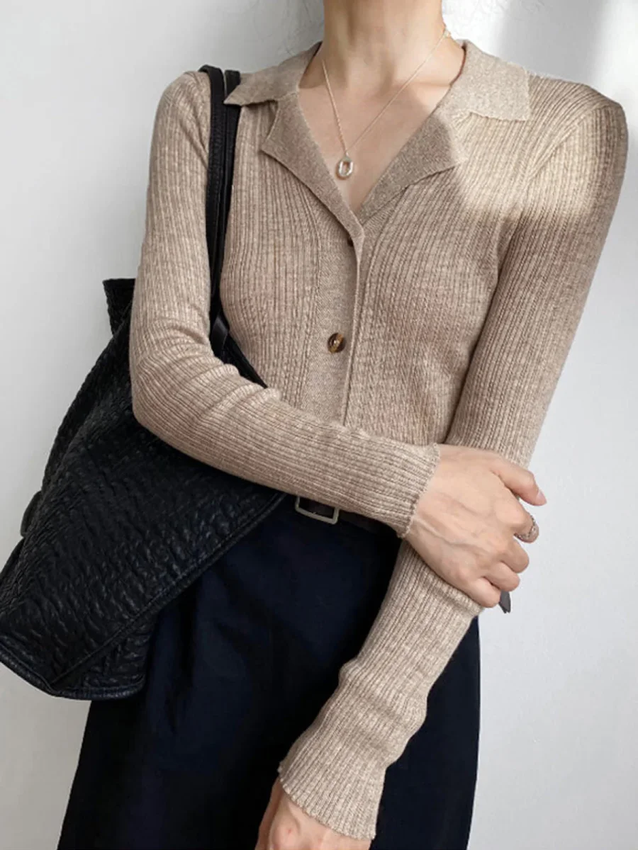Beige Ribbed Cardigan | Shirt Collar | Elegant & Versatile – Image 3