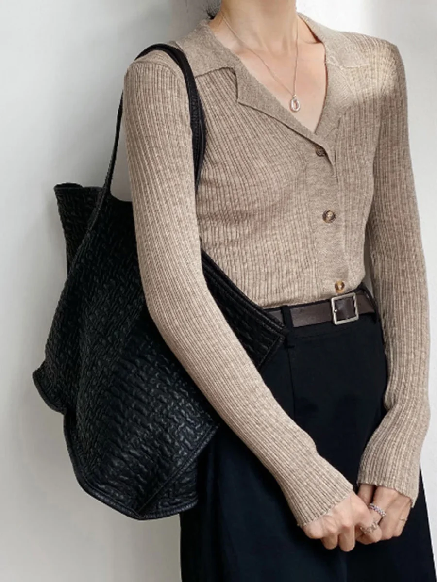 Beige Ribbed Cardigan | Shirt Collar | Elegant & Versatile – Image 4