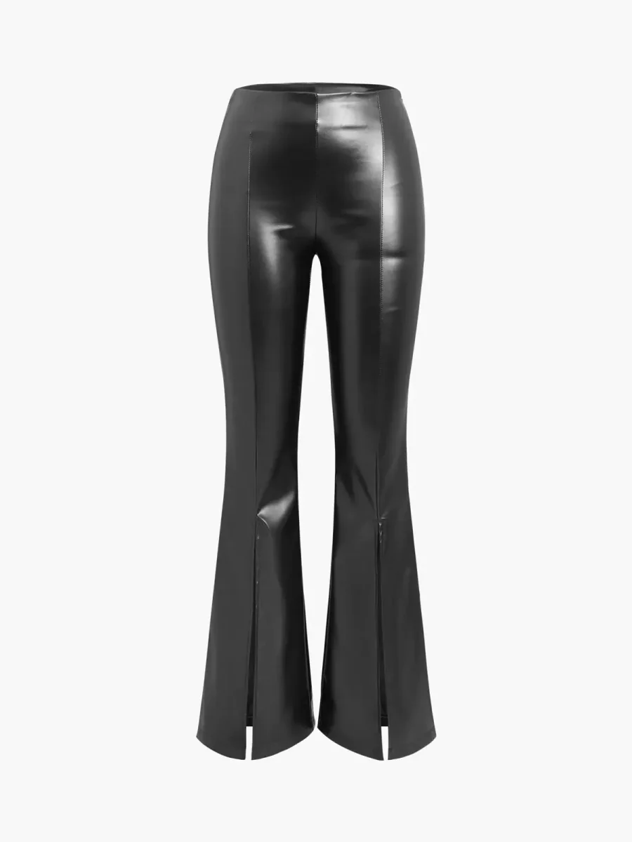 Leather Effect Flared Pants with Slit | Élégance Moderne – Image 3