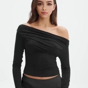 Black Top | Asymmetrical Draped Neckline | Timeless Elegance