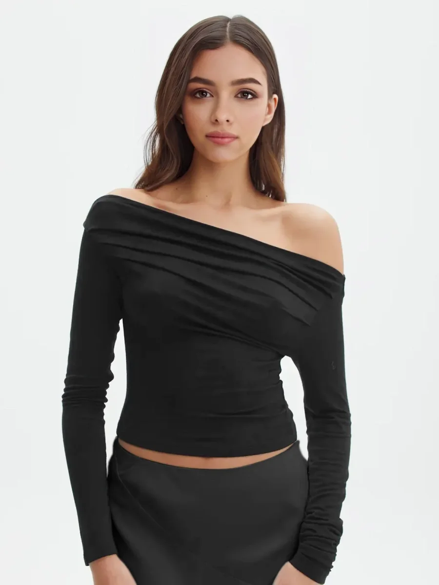Black Top | Asymmetrical Draped Neckline | Timeless Elegance – Image 2