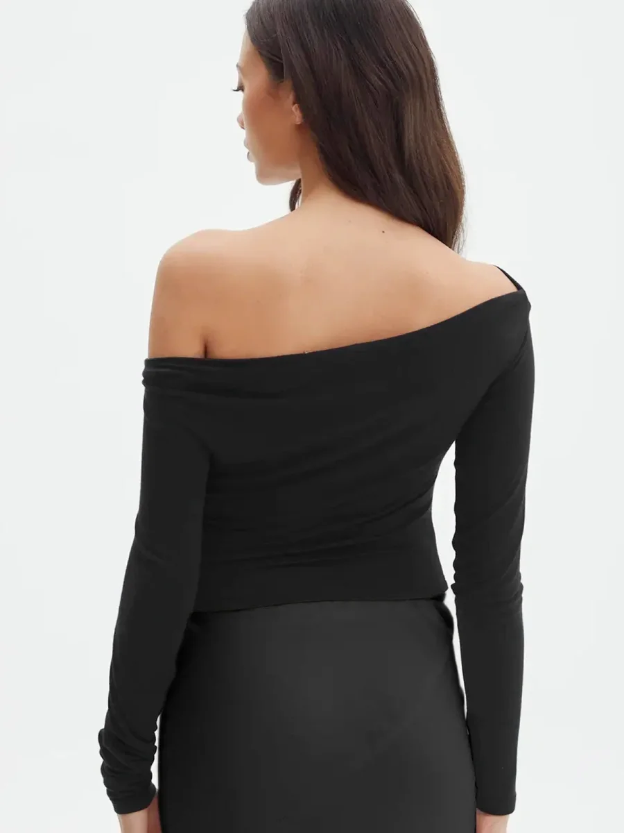 Black Top | Asymmetrical Draped Neckline | Timeless Elegance – Image 4