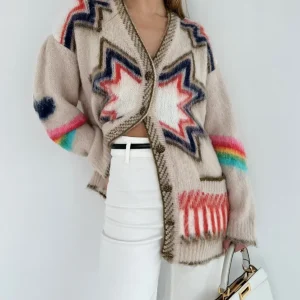 Cardigan Oversize Motif Graphique | Multicolore | Pièce Statement en Maille