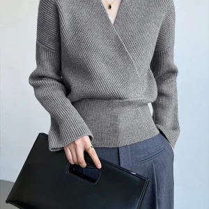 Victoria - Pull Portefeuille | Maille Côtelée | Élégant & Féminin