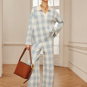 Ensemble à Carreaux Bleu Ciel | Haut Col Contrasté & Pantalon Large | Confort Chic