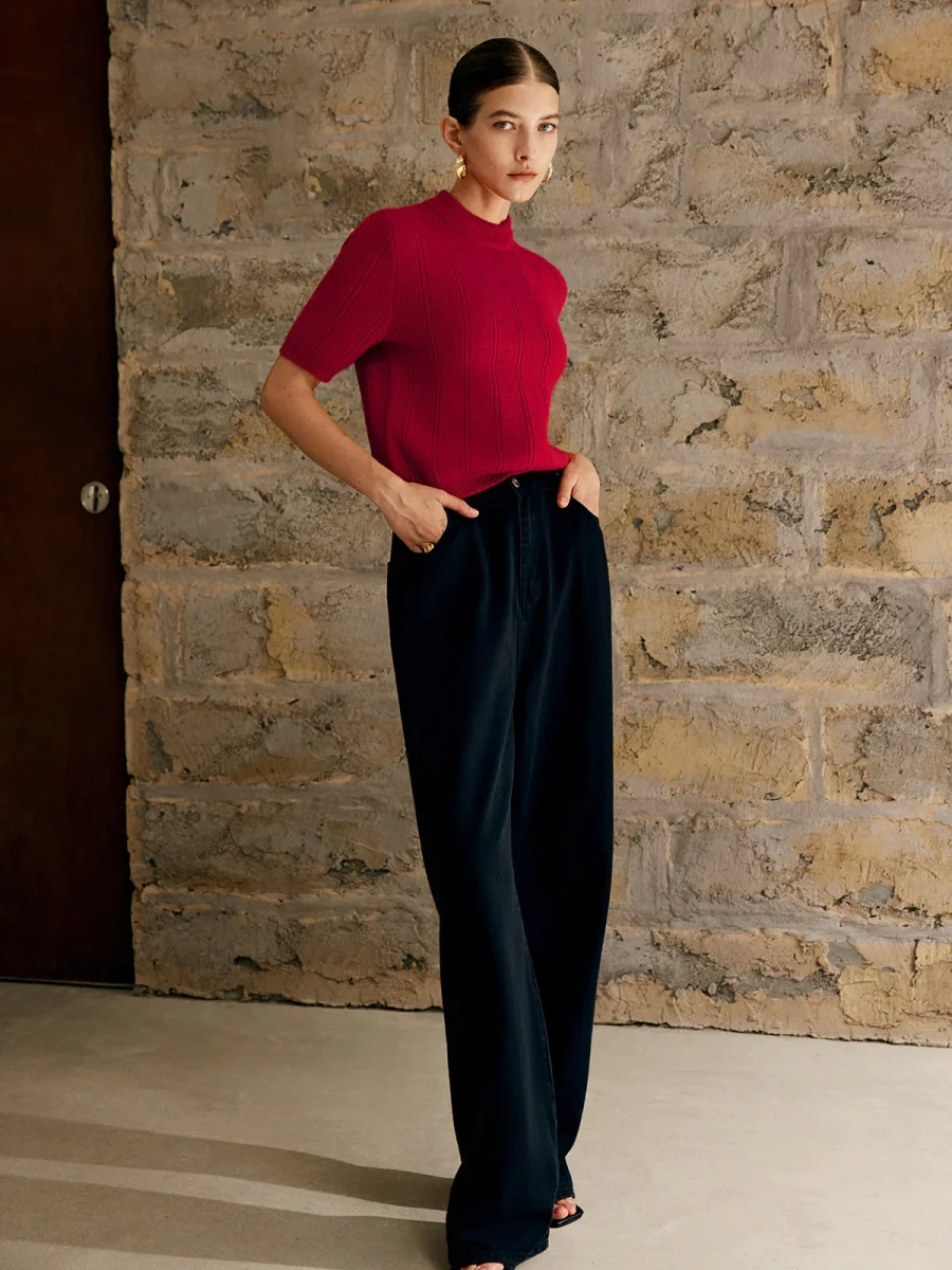 Pull Fuchsia Manches Courtes | Maille Côtelée | Élégance Vibrante – Image 4