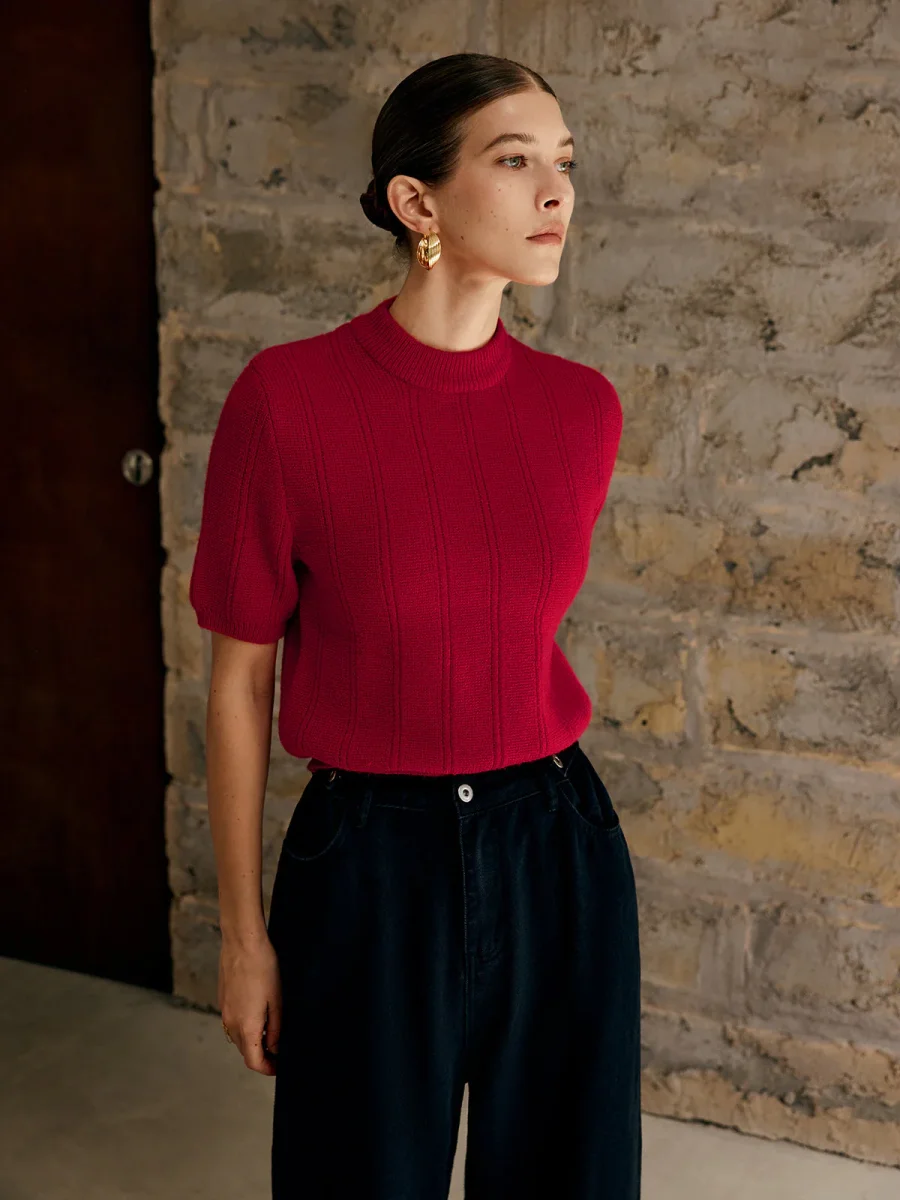 Pull Fuchsia Manches Courtes | Maille Côtelée | Élégance Vibrante – Image 5