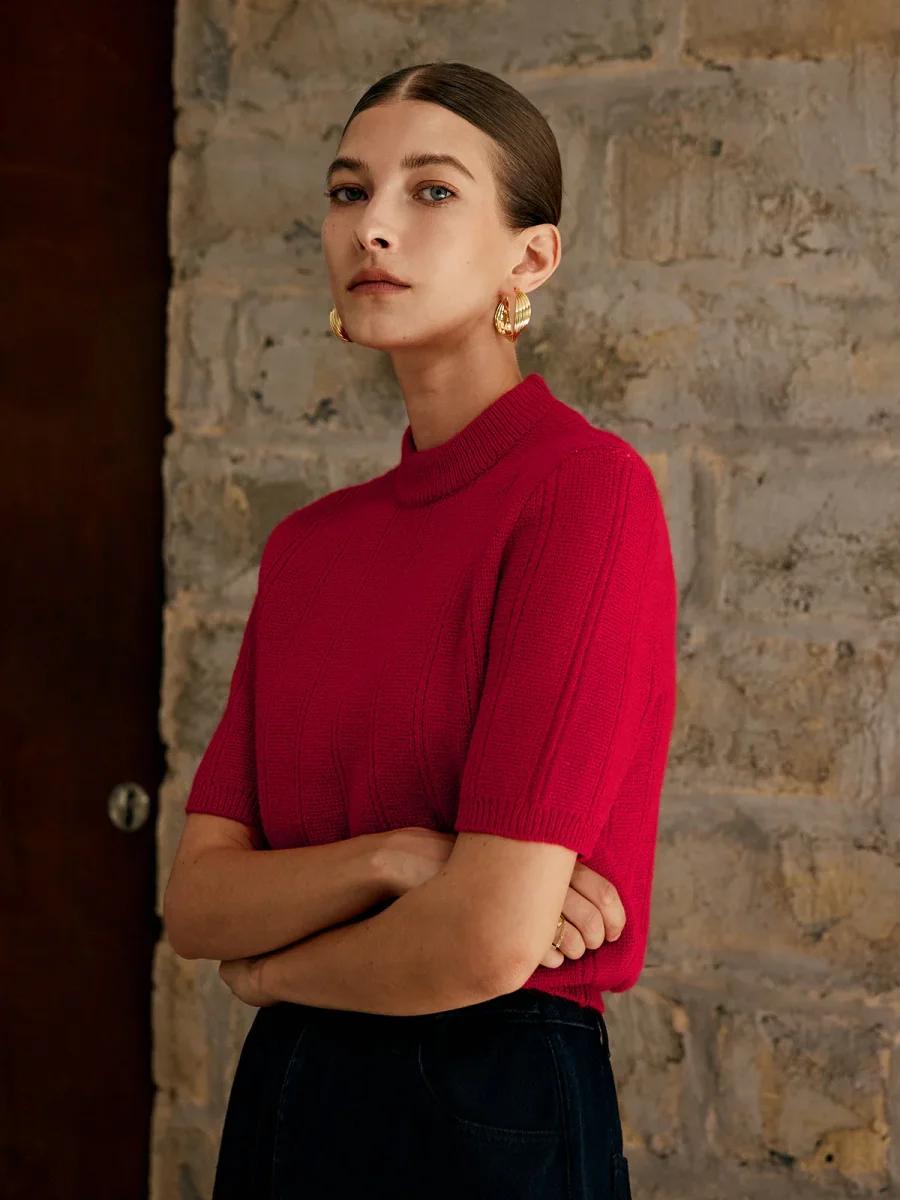 Pull Fuchsia Manches Courtes | Maille Côtelée | Élégance Vibrante – Image 3