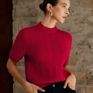 Pull Fuchsia Manches Courtes | Maille Côtelée | Élégance Vibrante