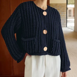 Navy Blue Cardigan | Thick Knit & Gold Buttons | Chic & Textured