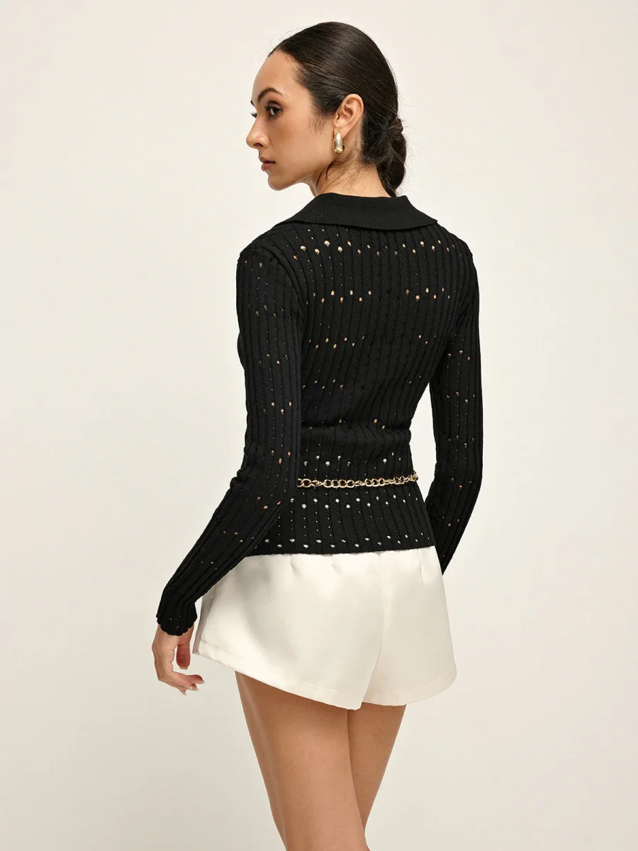 Top Noir Maille Ajourée | Col Polo | Élégance Cintrée – Image 3