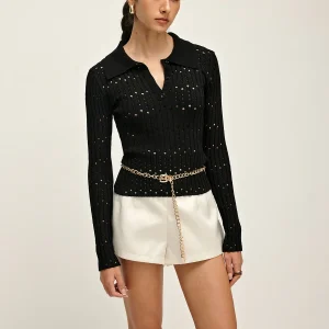 Top Noir Maille Ajourée | Col Polo | Élégance Cintrée