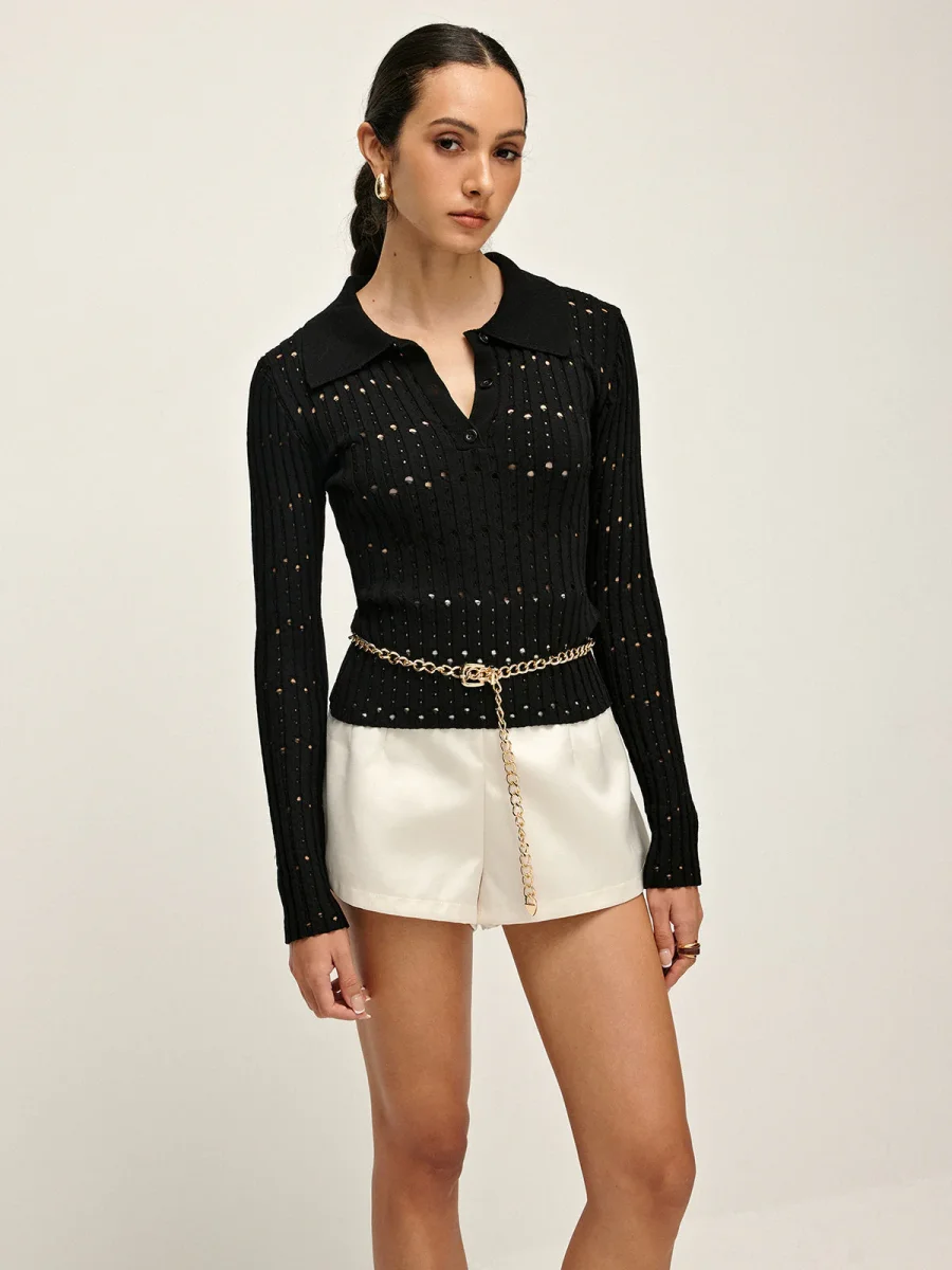 Top Noir Maille Ajourée | Col Polo | Élégance Cintrée – Image 2