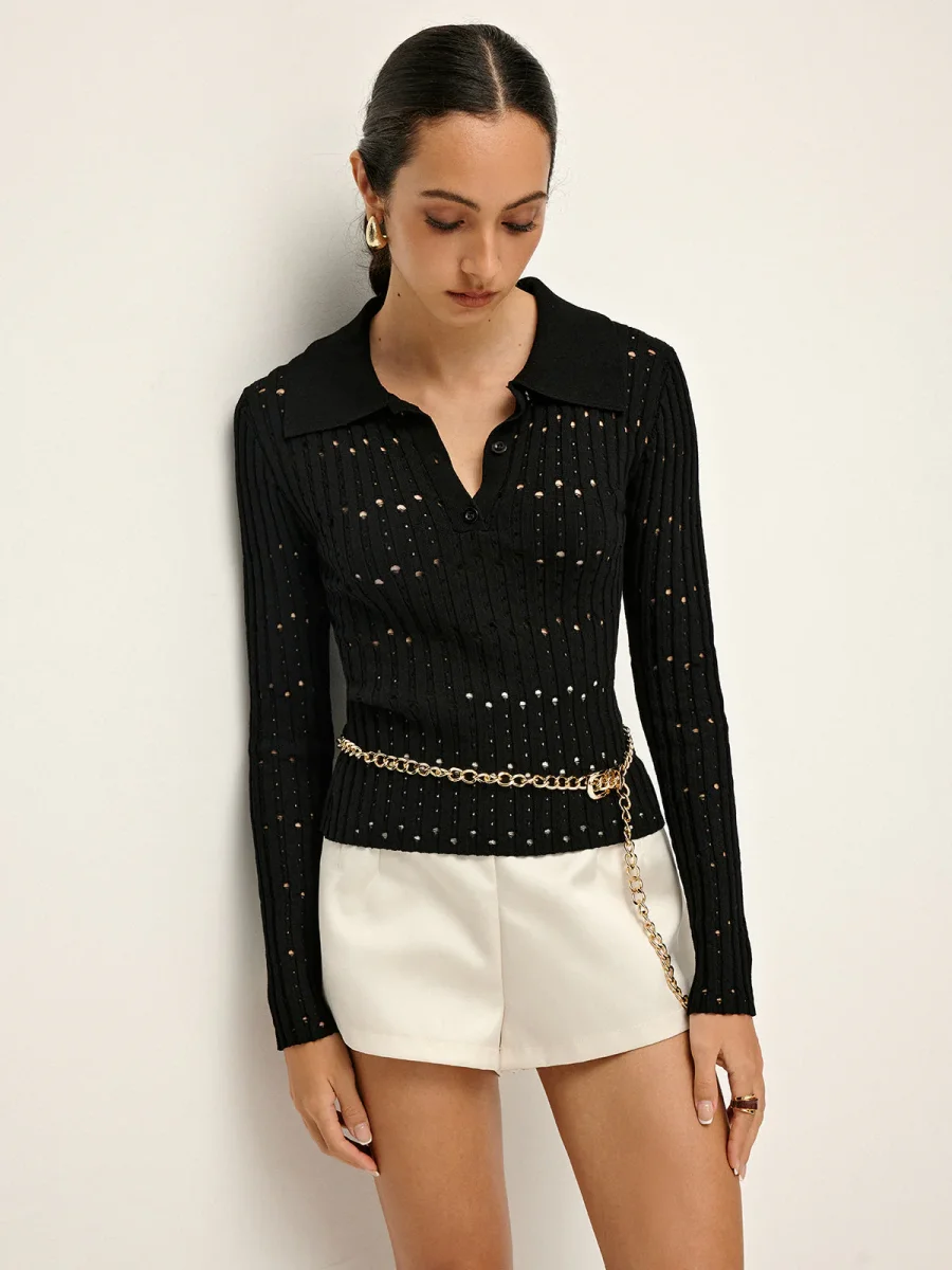 Top Noir Maille Ajourée | Col Polo | Élégance Cintrée – Image 5