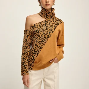 Pull Léopard Asymétrique | Col Montant | Design Tendance Camel & Noir