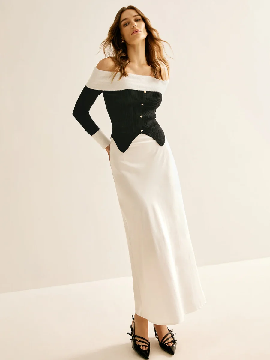 Ensemble Noir & Blanc à Épaules Dénudées | Haut Corseté & Jupe Longue | Élégance de Soirée – Image 2