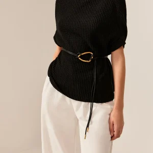 Black Sleeveless Sweater | Gold Belt | Mesh High Neck