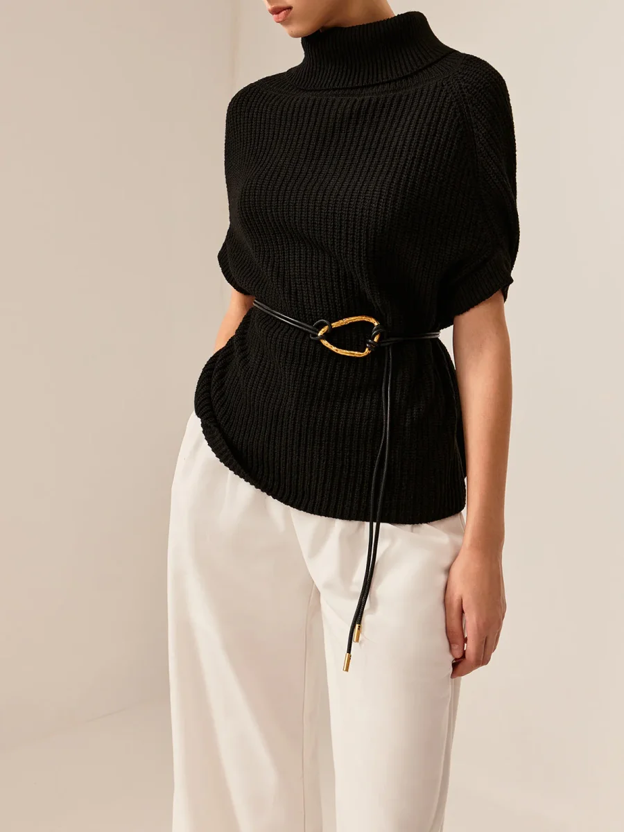 Black Sleeveless Sweater | Gold Belt | Mesh High Neck