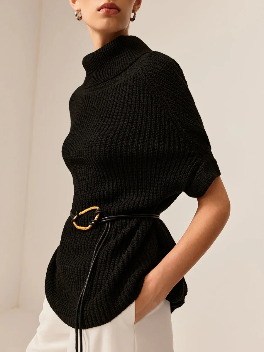 Black Sleeveless Sweater | Gold Belt | Mesh High Neck – Image 3