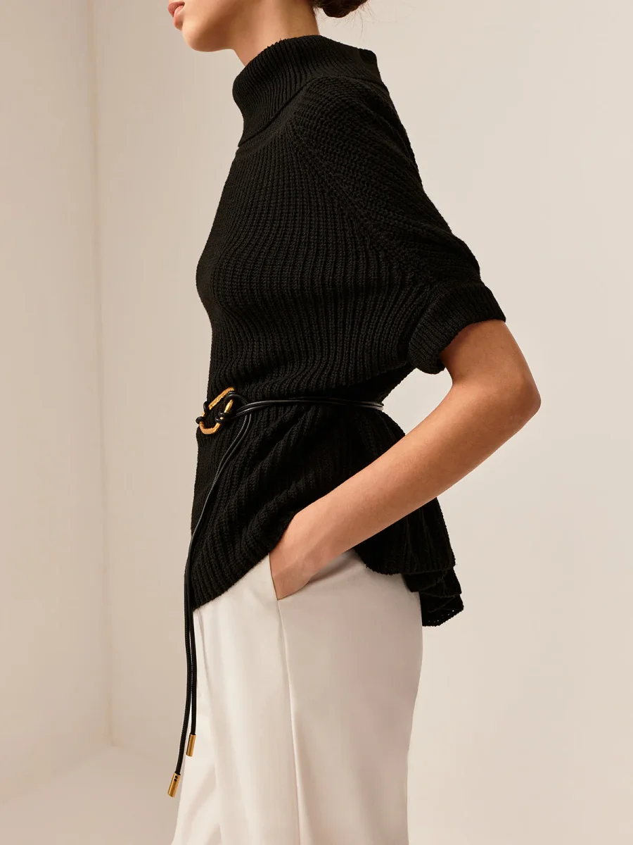 Black Sleeveless Sweater | Gold Belt | Mesh High Neck – Image 4