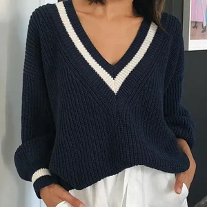 Navy V-Neck Sweater | Contrast Stripes | Casual & Cozy