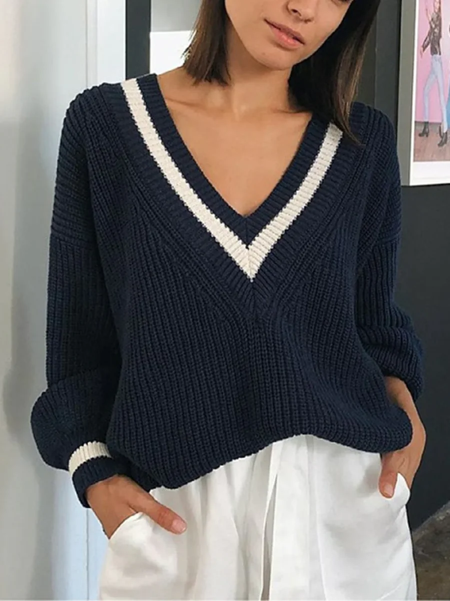 Navy V-Neck Sweater | Contrast Stripes | Casual & Cozy