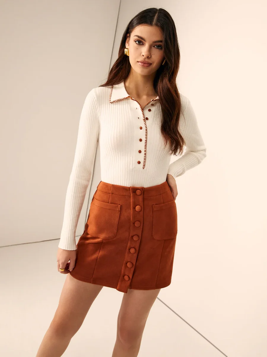 Ecru Ribbed Top | Contrast Collar | Buttoned Detail – Image 5