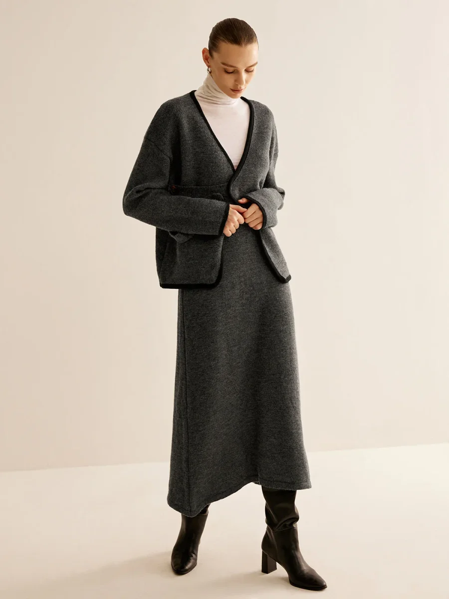 Ensemble Maille Gris Anthracite | Cardigan Cache-Cœur & Jupe Longue | Chic Minimaliste – Image 3