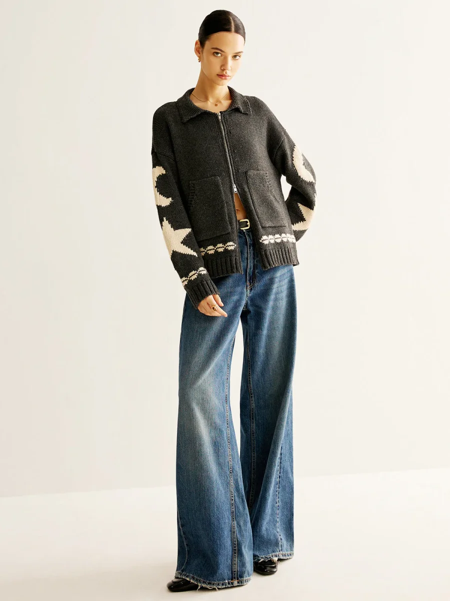Cardigan Zippé Motifs Lune & Étoile | Maille Oversize | Style Céleste – Image 7