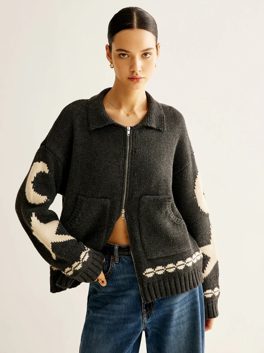 Cardigan Zippé Motifs Lune & Étoile | Maille Oversize | Style Céleste – Image 3