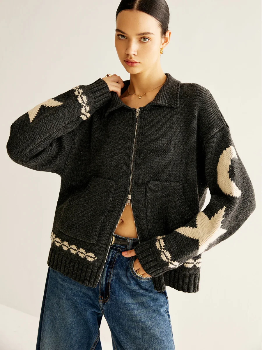 Cardigan Zippé Motifs Lune & Étoile | Maille Oversize | Style Céleste – Image 5