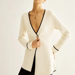 Veste Longue à Bouton Unique | Col Contrasté | Élégance Minimaliste