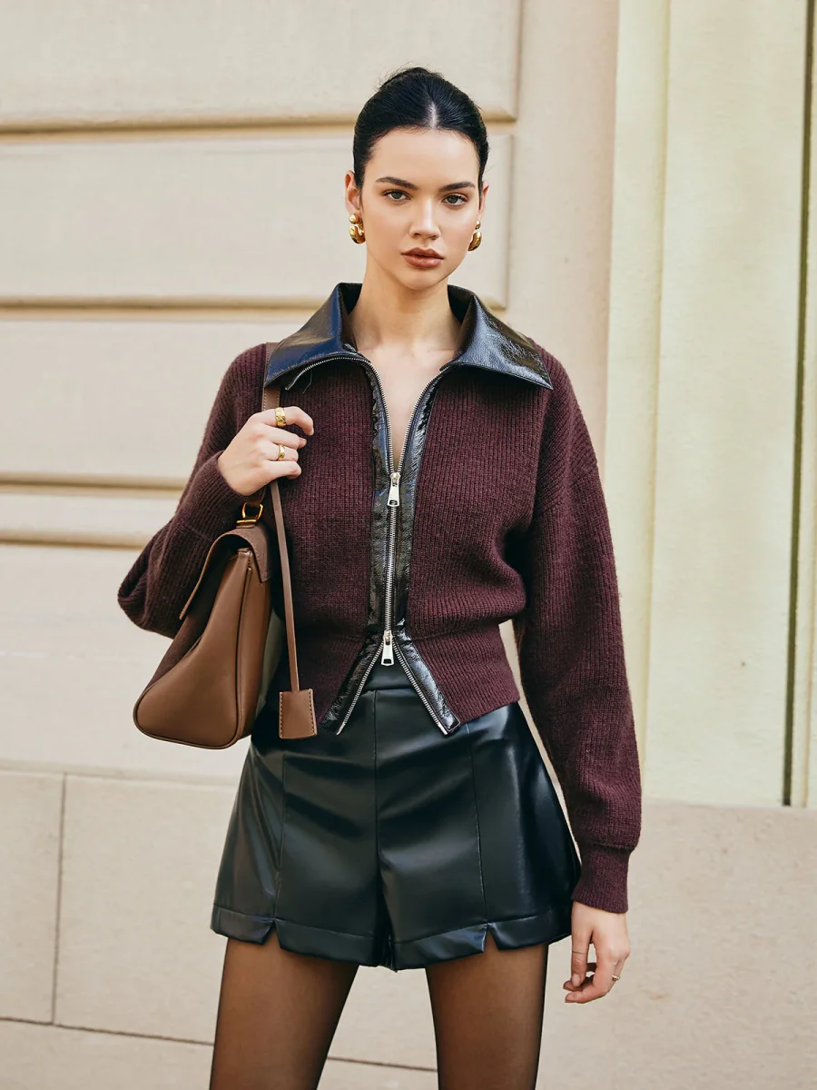 Cardigan Bimatière & Short Simili Cuir | Style Urbain | Look Contrasté – Image 2