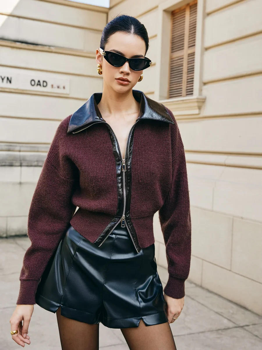 Cardigan Bimatière & Short Simili Cuir | Style Urbain | Look Contrasté – Image 3