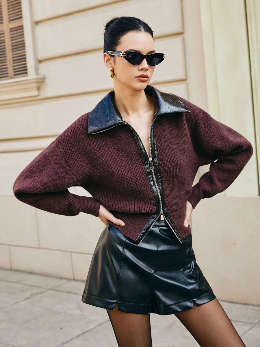 Cardigan Bimatière & Short Simili Cuir | Style Urbain | Look Contrasté – Image 5