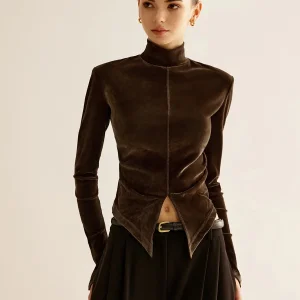 Structured Velvet Top | High Collar | Geometric Cutout