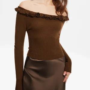 Top Bardot Chocolat | Volants Romantiques | Coupe Cintrée Féminine