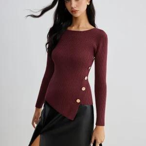 Top Bordeaux Asymétrique | Boutons Dorés | Elegant & Structured